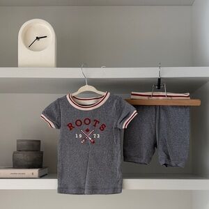 Roots Grey Kids Athletic Tee and Shorts with Red Trim